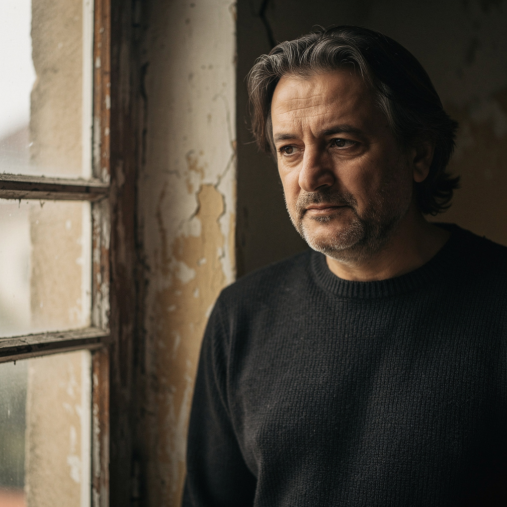 Croatian mystery writer looking through an old window in soft daylight