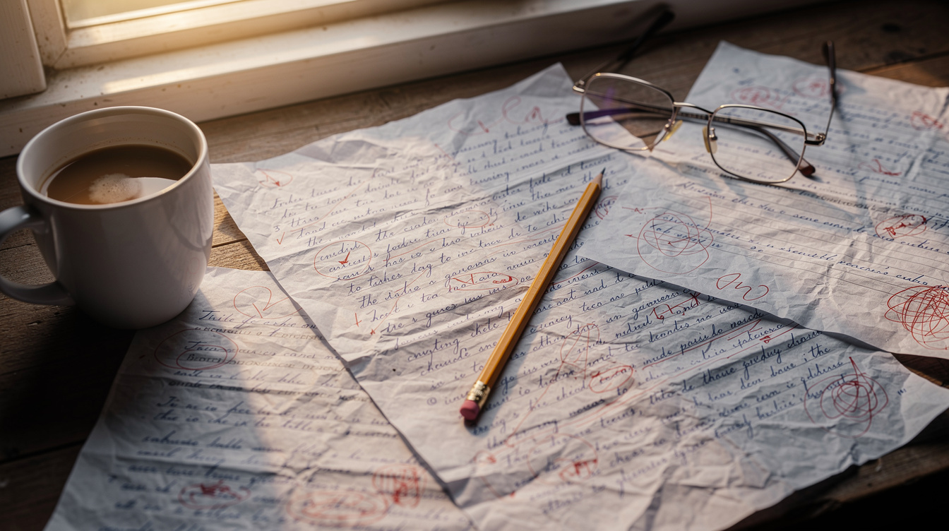 Handwritten manuscript pages with red pen corrections and coffee cup