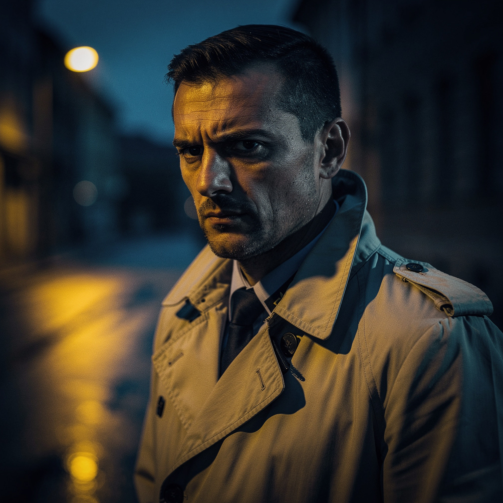 Portrait of a stern Croatian male police inspector in a trench coat