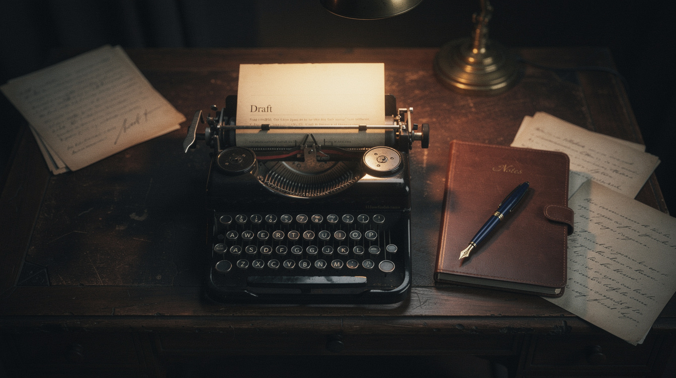 Old wooden writing desk with typewriter, notebook and dim lamp light