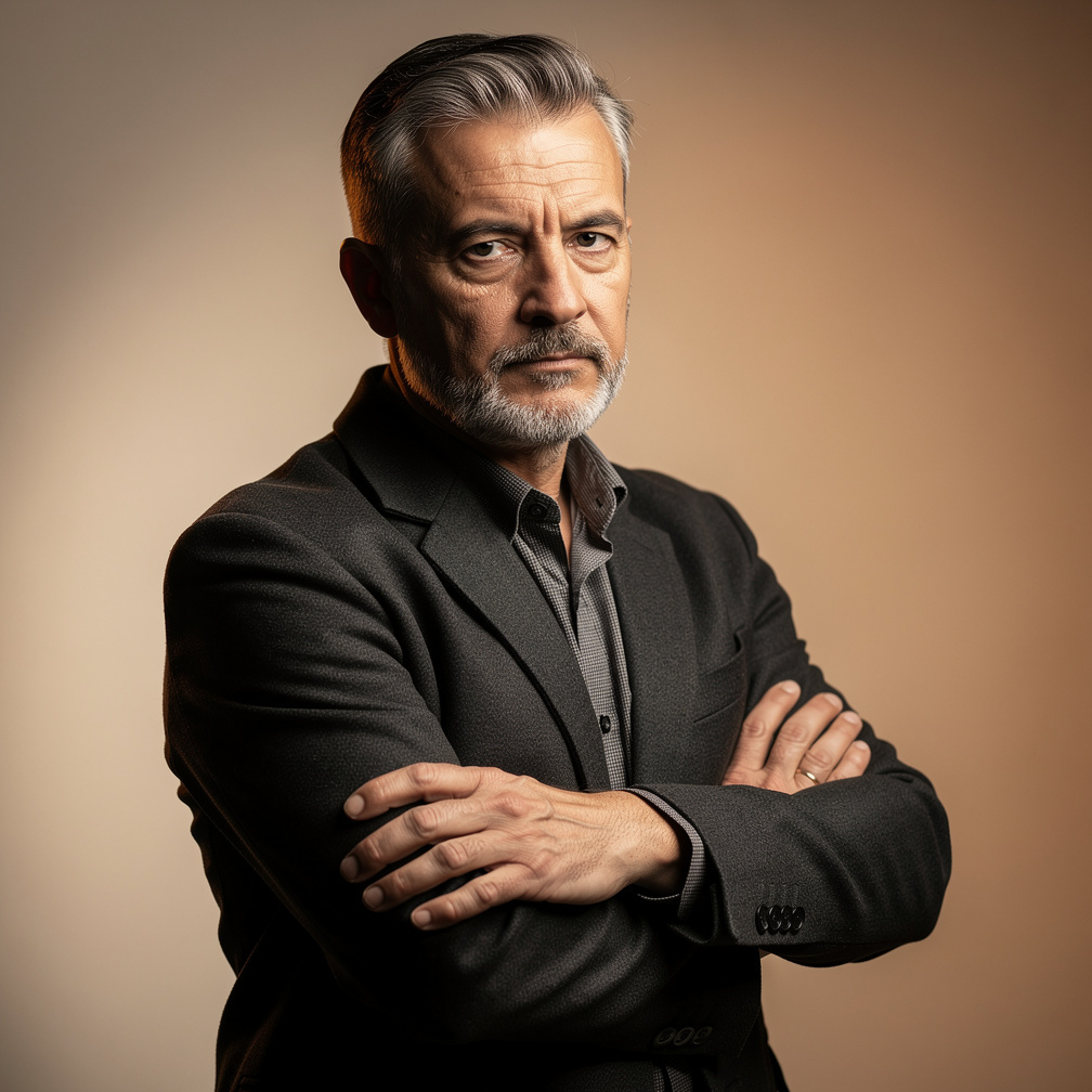 Portrait of a middle-aged Croatian male mystery writer in a dark coat